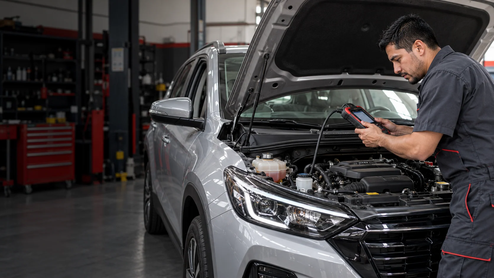 Técnico revisando un motor con un equipo de diagnóstico